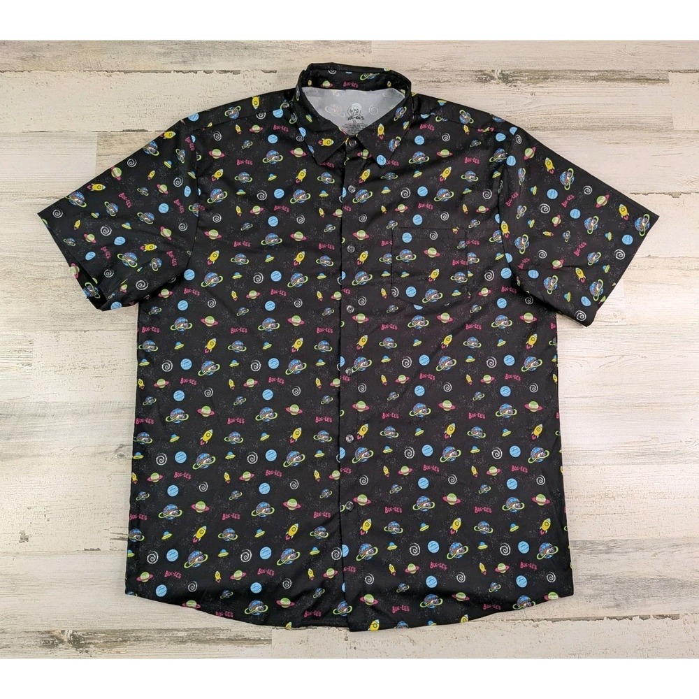 Buc-ees Mens XL Black Space Planets UFO Graphic Button Up Shirt Short Sleeve